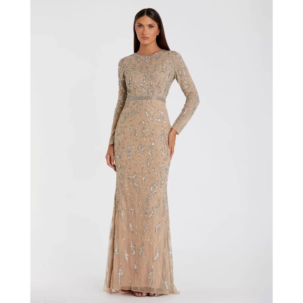 Elegant Long Sleeve Beaded Champagne Evening Gown